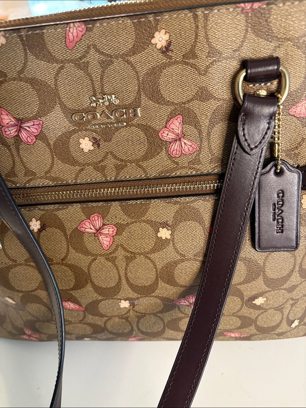 Coach Brown Signature Tote with Pink Butterfly Accents - Picture 2 of 4
